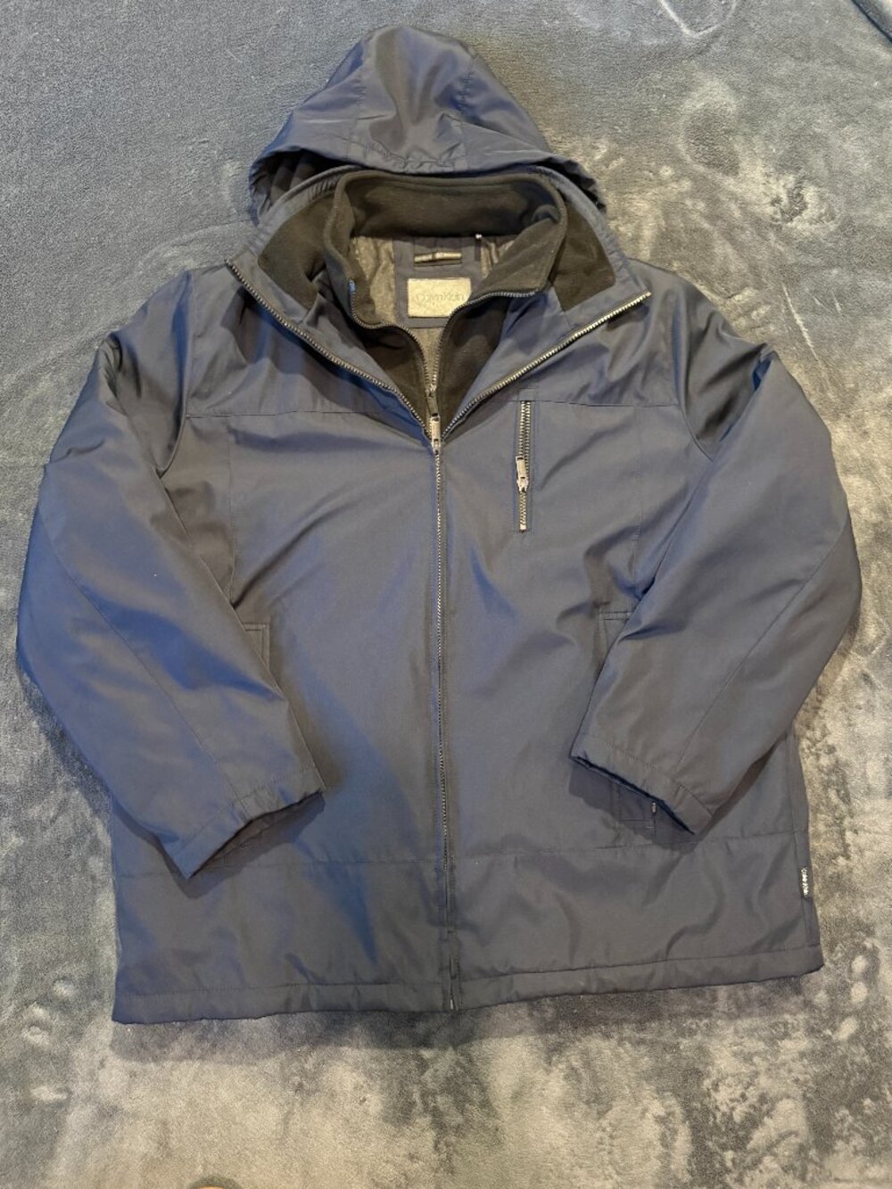 Calvin Klein Double Zip Winter Weather Jacket Navy Blue Removable Hood XL